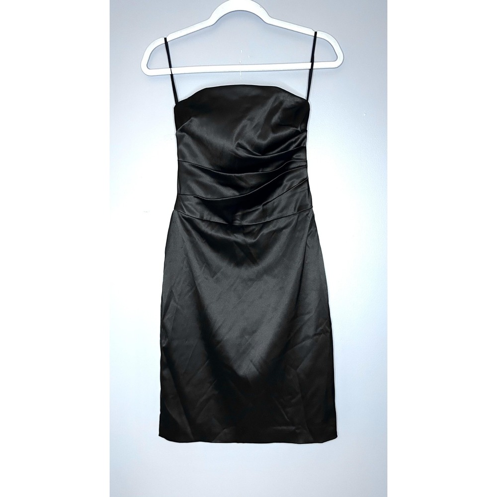 WHBM Strapless Cocktail Dress Womens 00 Black Satin Ruched Mini Party Glam
